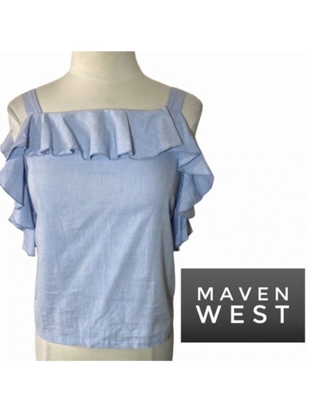Maven West blue chambray ruffle top size small - Picture 2 of 9